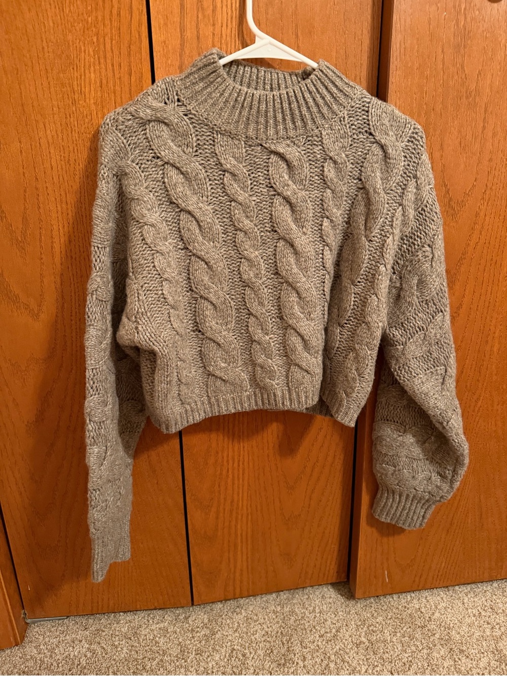 Altar'd State Cable Knit Cropped Turtleneck Sweater - Taupe